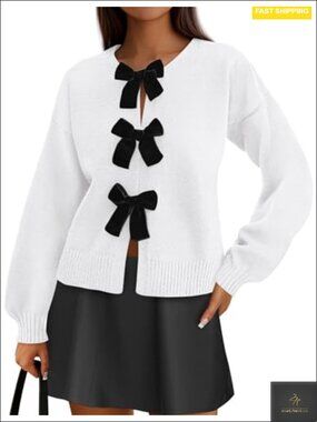 Bow Tie Front Long Sleeve Knit Cardigan Sweater Fall Winter